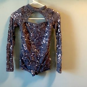 Sequined one piece solo dance costume in grey/silver